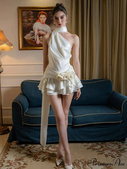 Silky 3D Blossom Halter Mini Dress minidress-250223