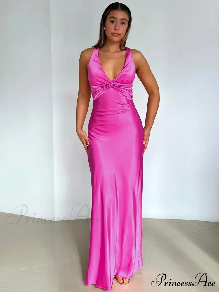 Silky Open-Back Gathered Long Holiday Dress Rose Red / S vacationdress-250223