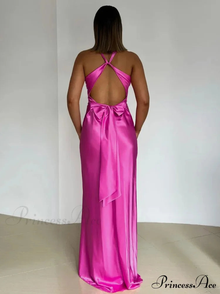 Silky Open-Back Gathered Long Holiday Dress vacationdress-250223