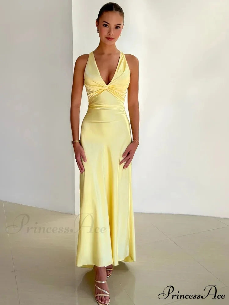 Silky Open-Back Gathered Long Holiday Dress vacationdress-250223