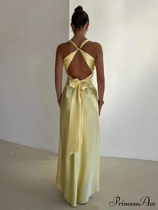 Silky Open-Back Gathered Long Holiday Dress Yellow / S vacationdress-250223