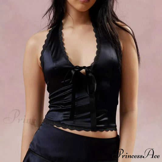 Silky Ribbon V-Neck Crop Top Black / S croptop-250223