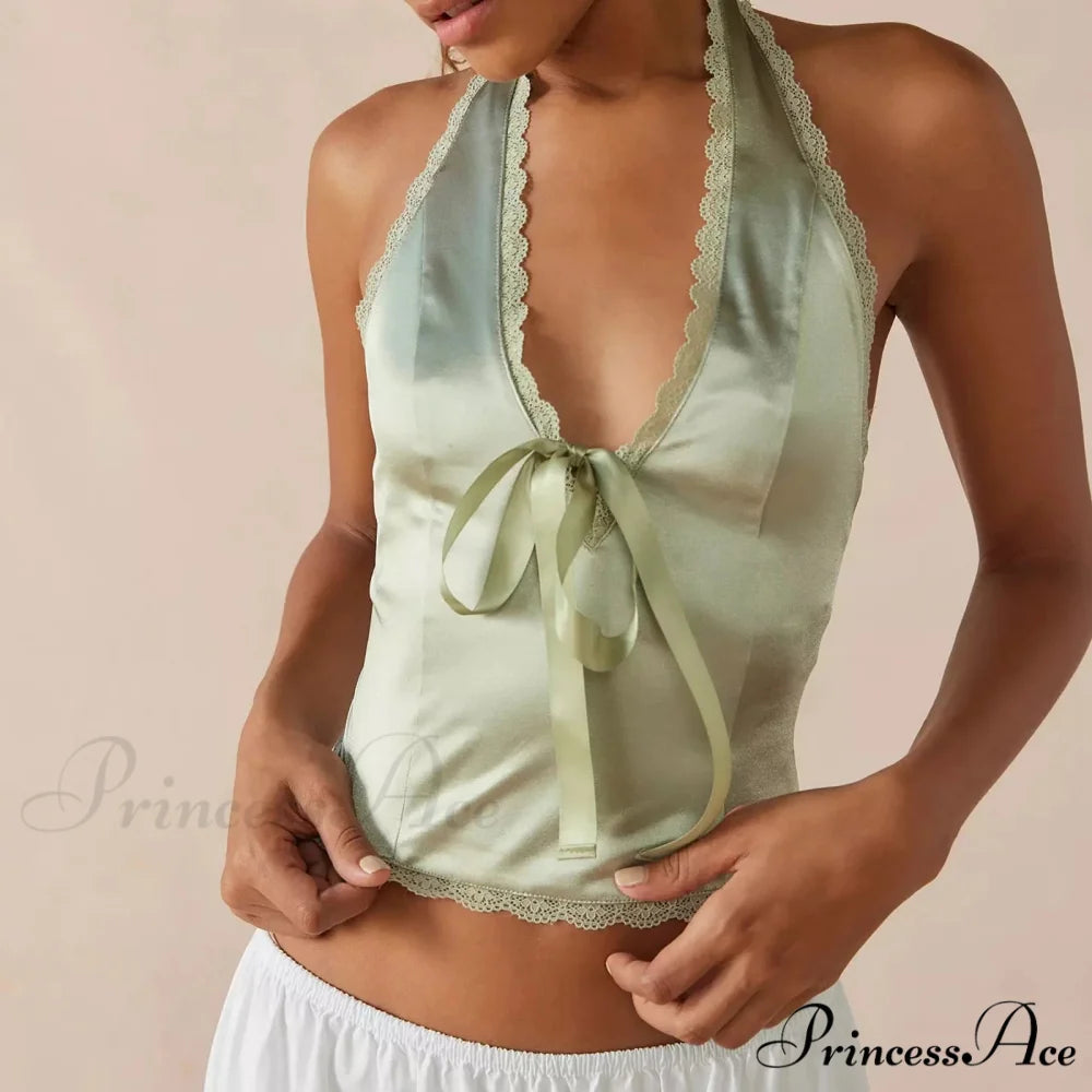 Silky Ribbon V-Neck Crop Top Green / S croptop-250223