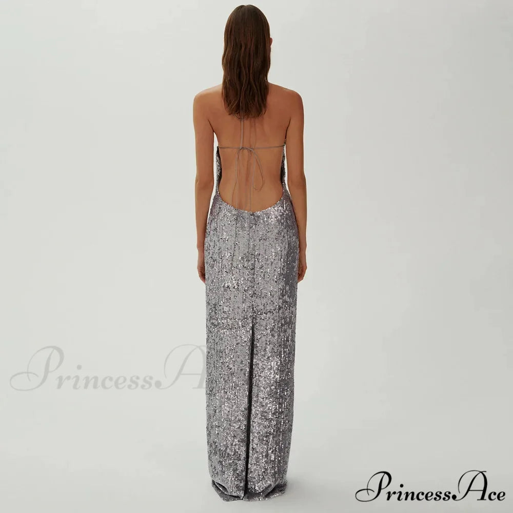Silver Sequin Backless Evening Party Dress