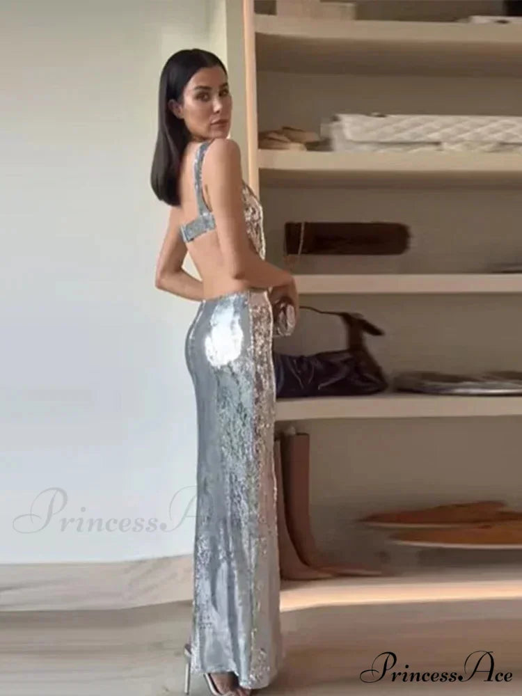 Silvery Backless Maxi Party Dress Silver / S