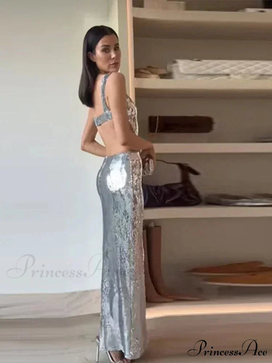 Silvery Backless Maxi Party Dress Silver / S