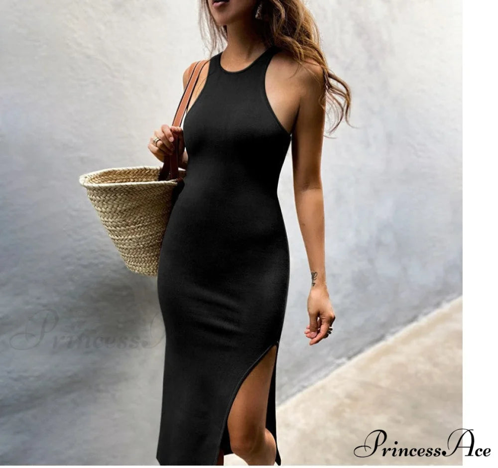 Simple And Sexy Charming High-Slit Midi Dress BLACK / S