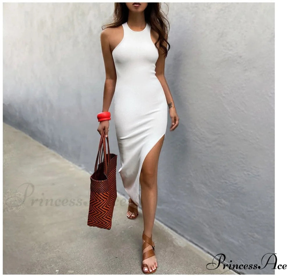 Simple And Sexy Charming High-Slit Midi Dress WHITE / S
