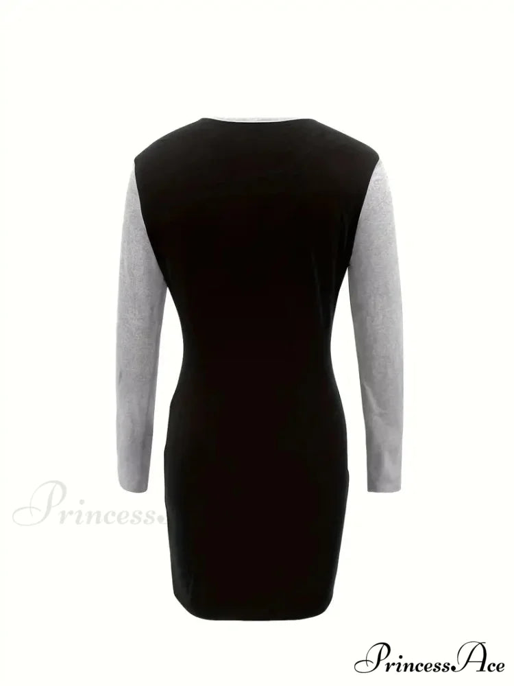 Simple Crew Neck Long Sleeve Dress with Color Block Design M / Khaki