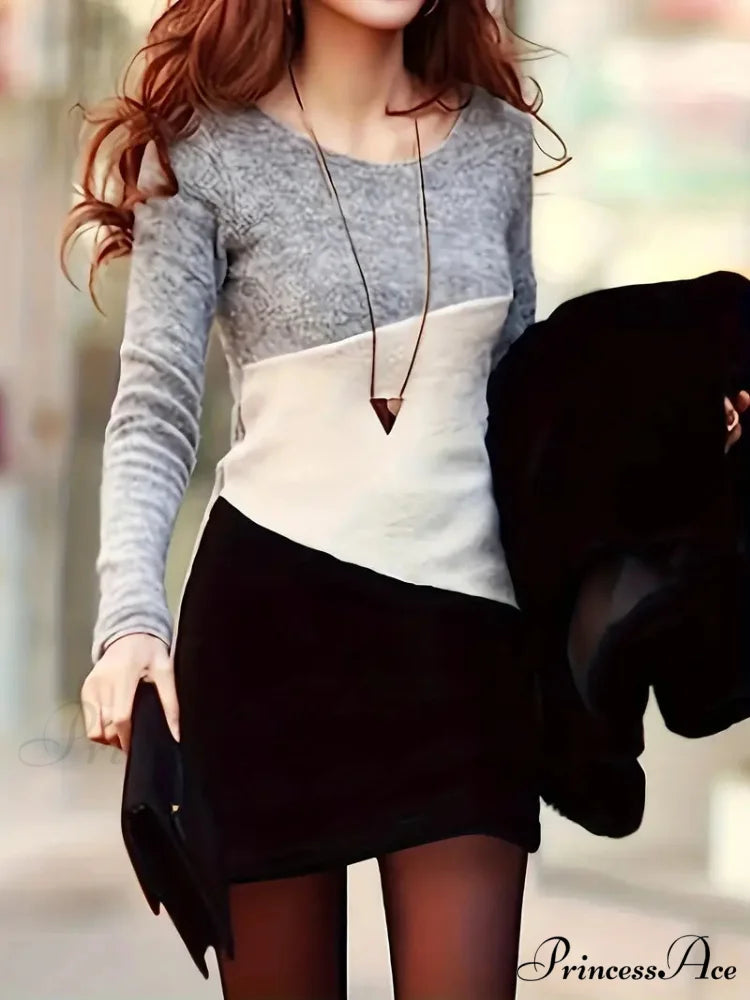 Simple Crew Neck Long Sleeve Dress with Color Block Design S / Brown