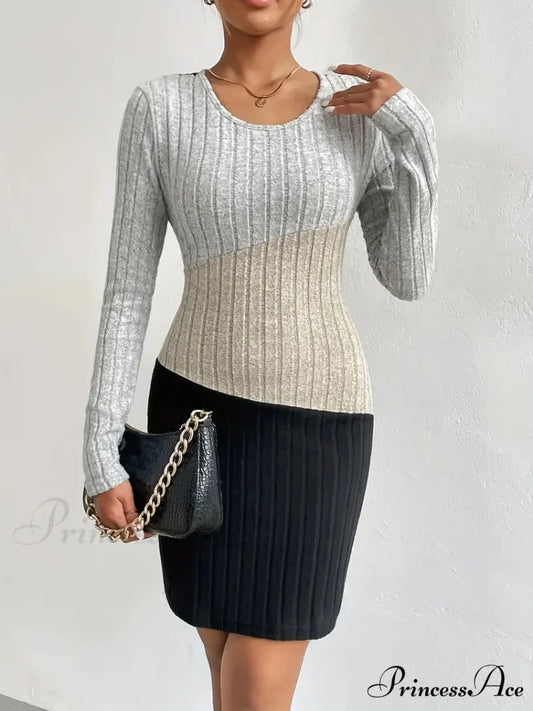 Simple Crew Neck Long Sleeve Dress with Color Block Design S / Khaki