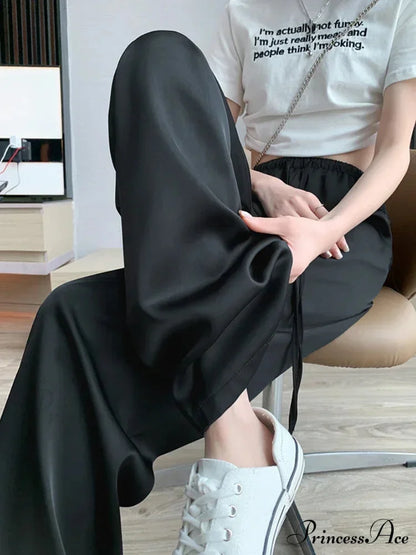 Simple Knitting Pit Strip Elastic Waist Mop Straight Tube Casual Pants Black / S