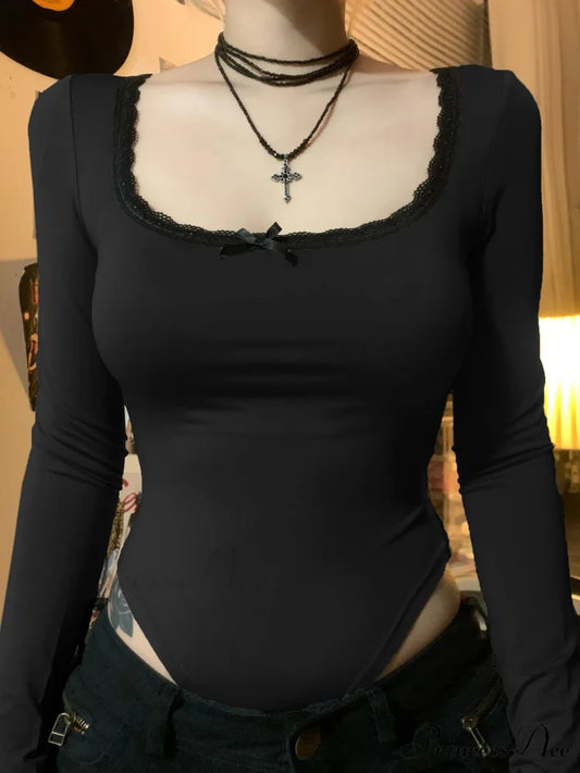 Simple Lace Trim Informal Slim Square Neck Knit Top Black / S knittop-250126