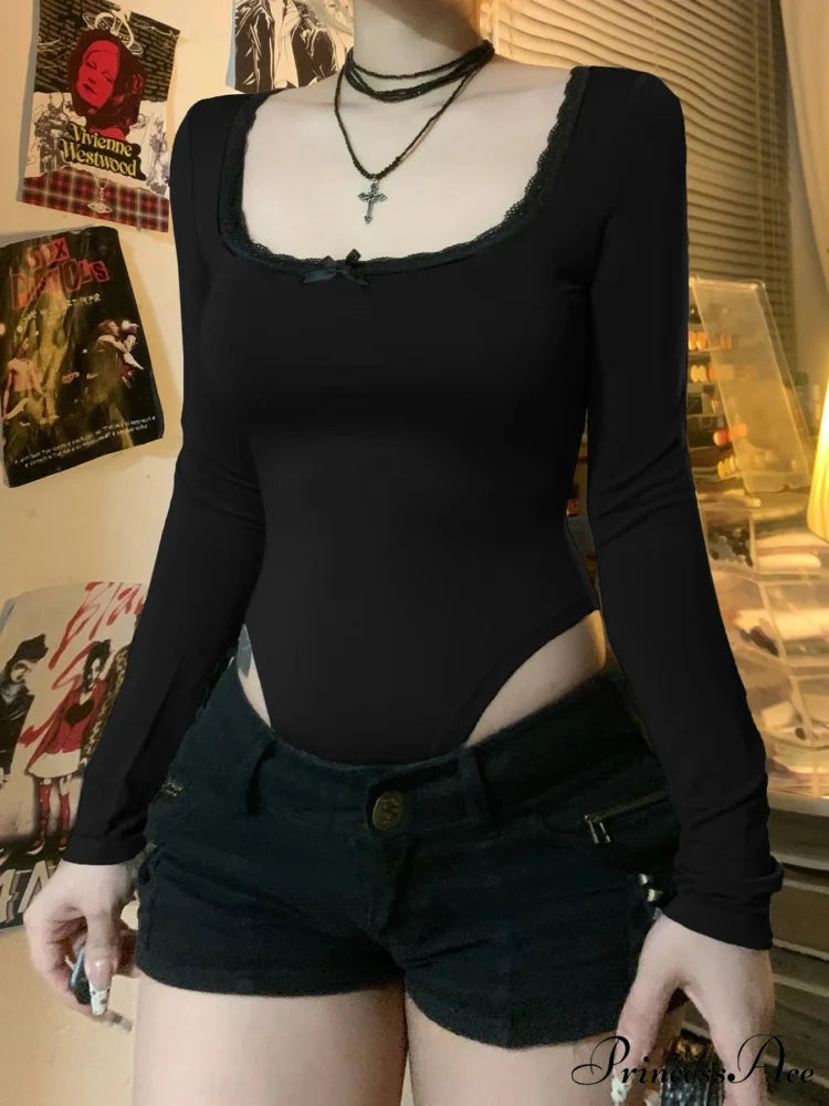 Simple Lace Trim Informal Slim Square Neck Knit Top knittop-250126