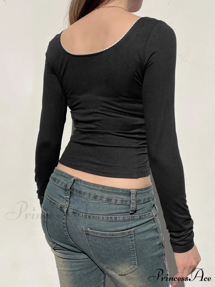 Simple Lace Trim Narrow Square Neck Long Sleeve Knit Top knittop-250126