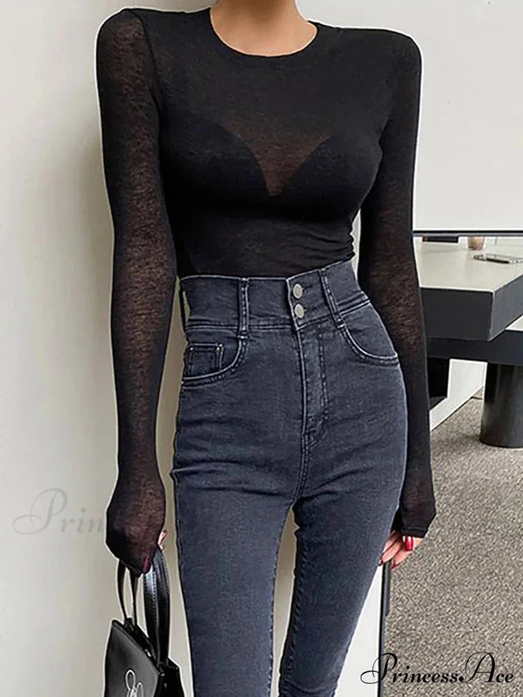 Simple Summer Airy Long Sleeve Lightweight Knit Top Black / One Size knittop-250126