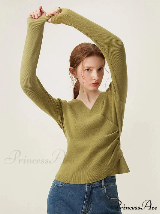 Simple V-neck Knit Lower Sweater army green / S swraters-241228
