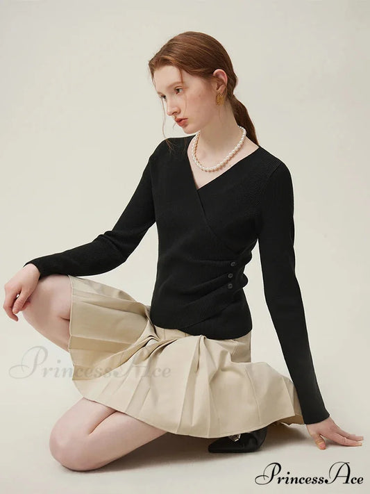 Simple V-neck Knit Lower Sweater Black / S swraters-241228