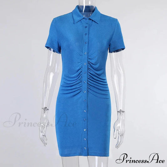Single-breasted Blue Short-sleeved Splicing Lapel Short Casual Bodycon Dress Blue / XS
