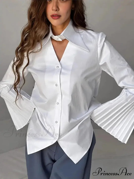 Single Breasted Frills Long Sleeve Blouse White / S blouse-250223