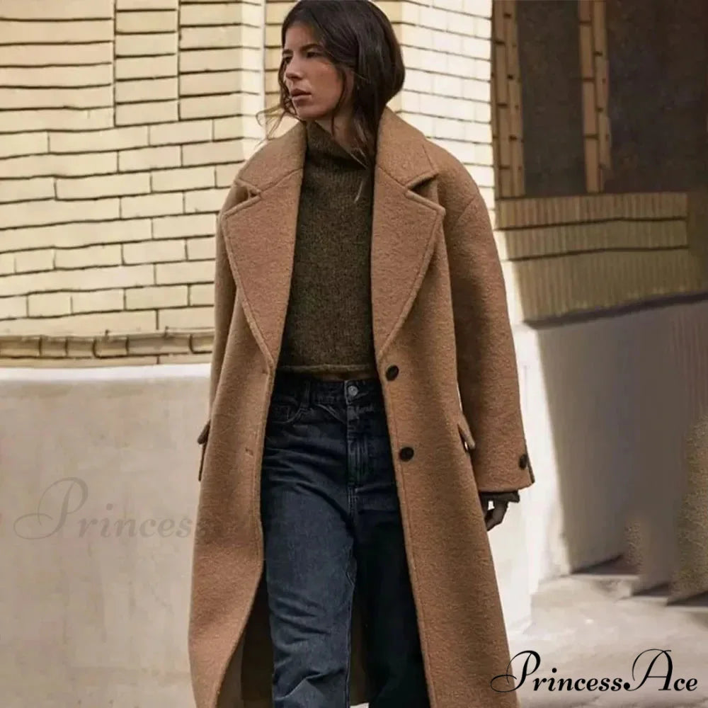 Single-Breasted Informal Woolen Overcoat Khaki / XS overcoats-241228