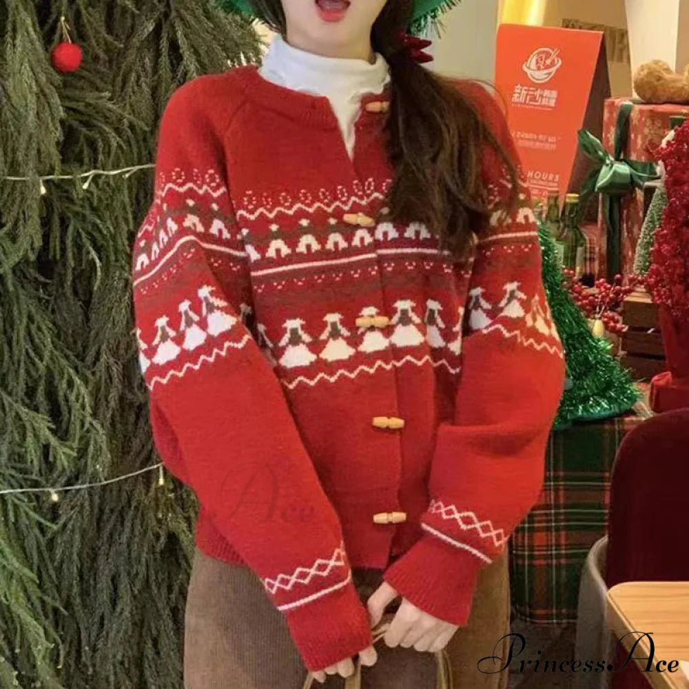 Single Breasted Jacquard Adorable Charming Sweater Red / XS swraters-241228