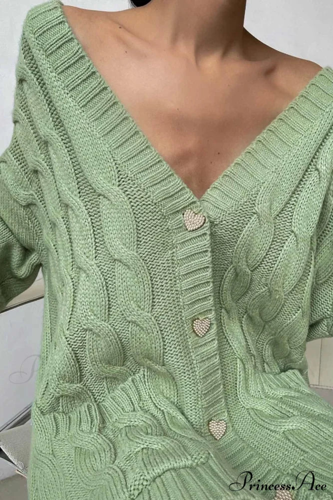 Single-breasted Knit Cable Cardigan Green / L