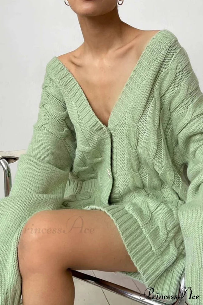 Single-breasted Knit Cable Cardigan Green / M