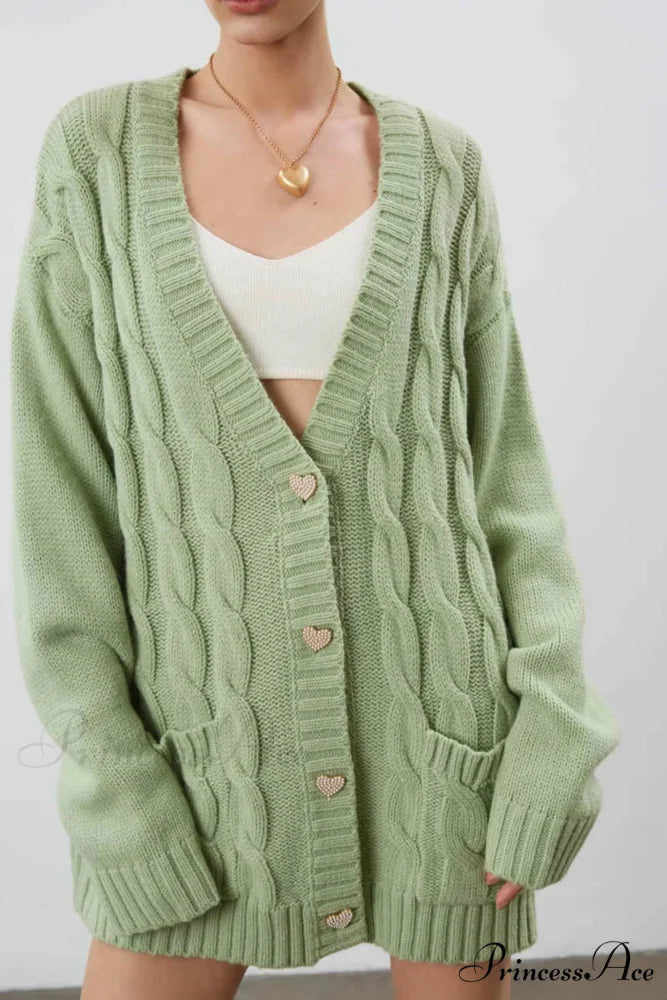Single-breasted Knit Cable Cardigan Green / S