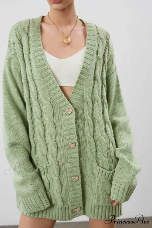 Single-breasted Knit Cable Cardigan Green / S