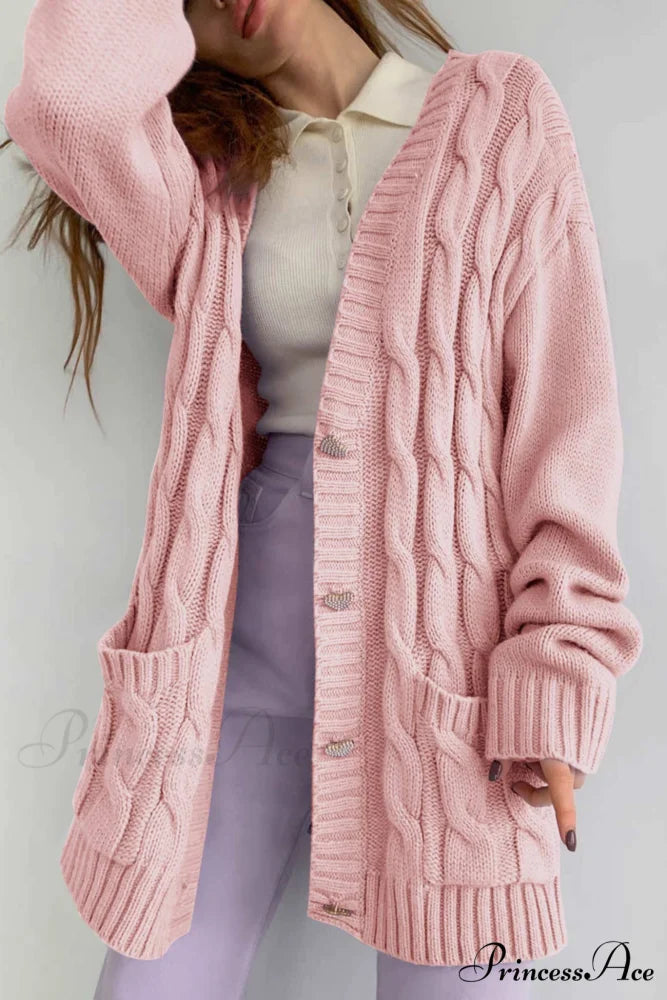 Single-breasted Knit Cable Cardigan Pink / S