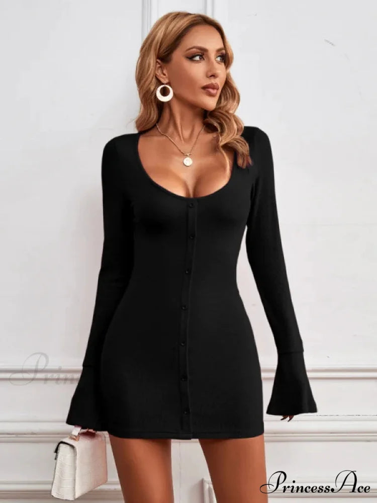 Single-Breasted Knitted Long-Sleeved Dress M / burgundy