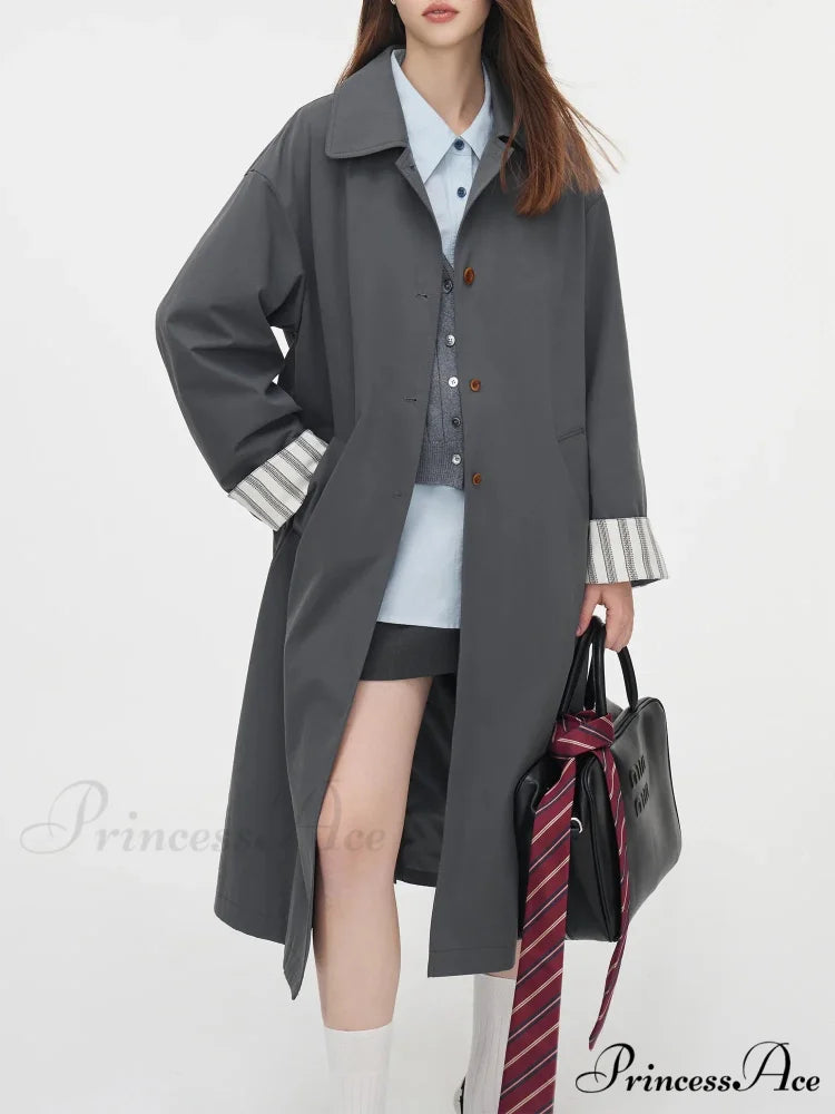 Single Breasted Korean Design Sense Contrasting Color Medium Long Stylish Coat Dark Grey / XS