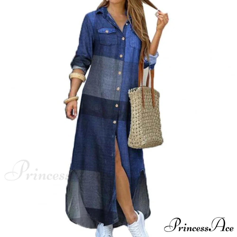 Single-breasted Long Sleeve Printed Loose Shirt Dress Blue / M
