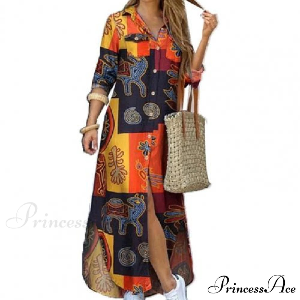 Single-breasted Long Sleeve Printed Loose Shirt Dress Yellow / M