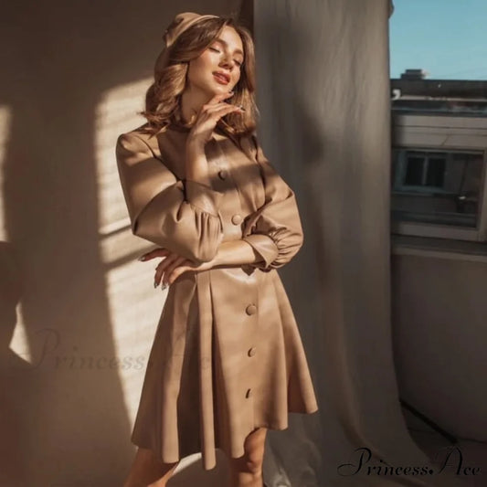 Single Breasted O Neck PU Leather Dresses Khaki / S