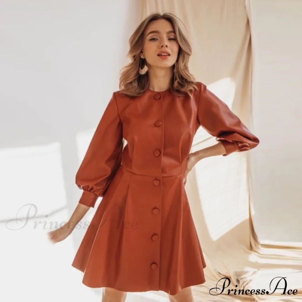 Single Breasted O Neck PU Leather Dresses Red / S