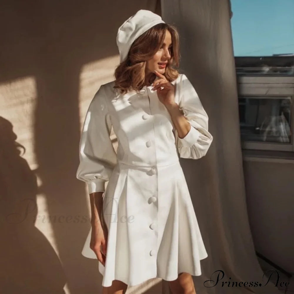 Single Breasted O Neck PU Leather Dresses white / S