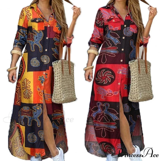 Single-breasted Printed Loose Maxi Shirt Dress