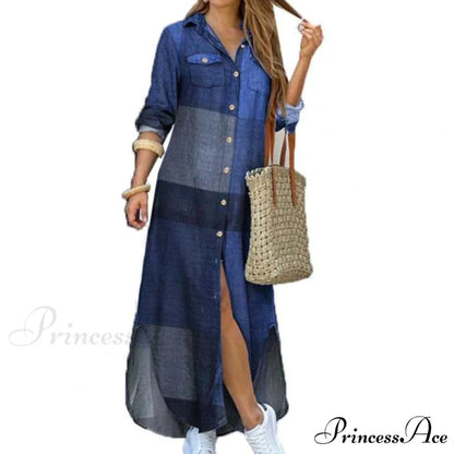 Single-breasted Printed Loose Maxi Shirt Dress Blue / M