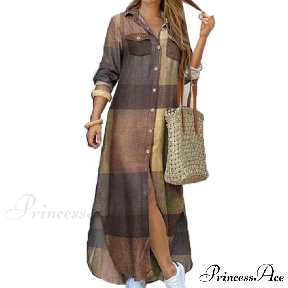 Single-breasted Printed Loose Maxi Shirt Dress Khaki / M