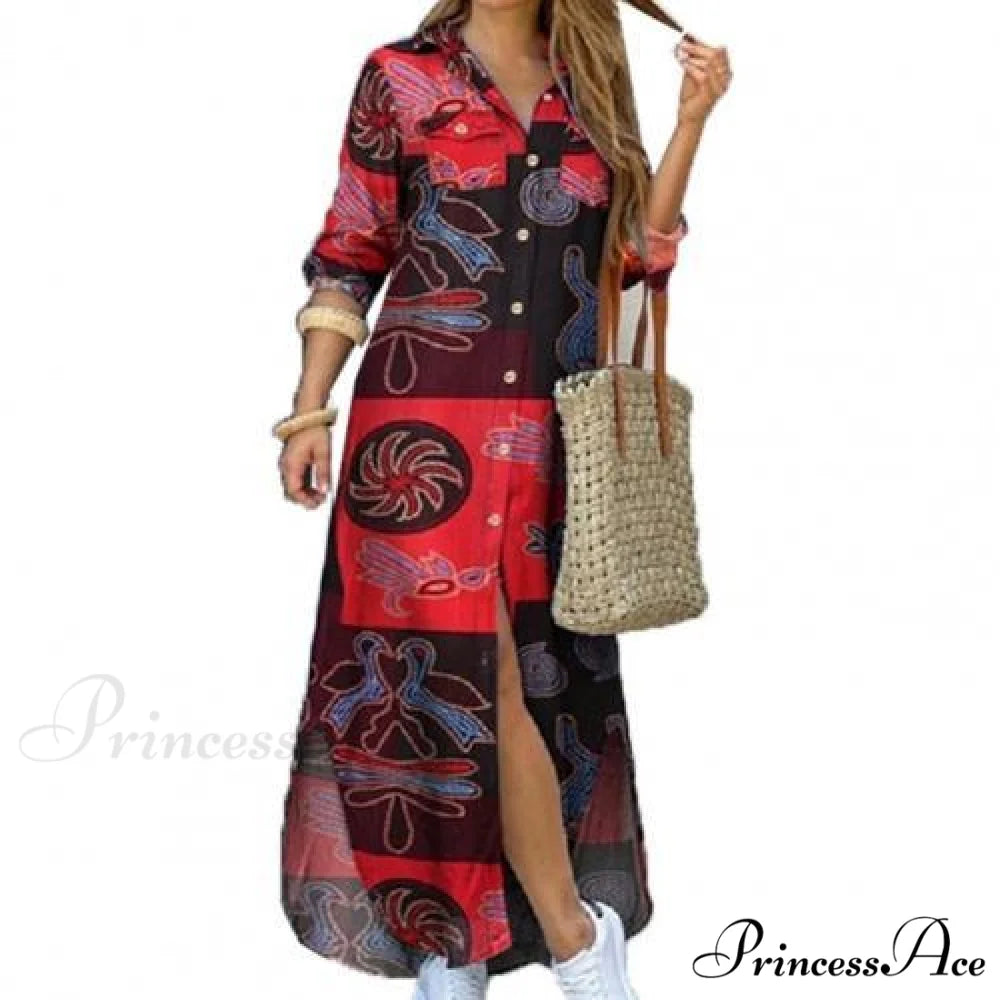 Single-breasted Printed Loose Maxi Shirt Dress Wine Red / M
