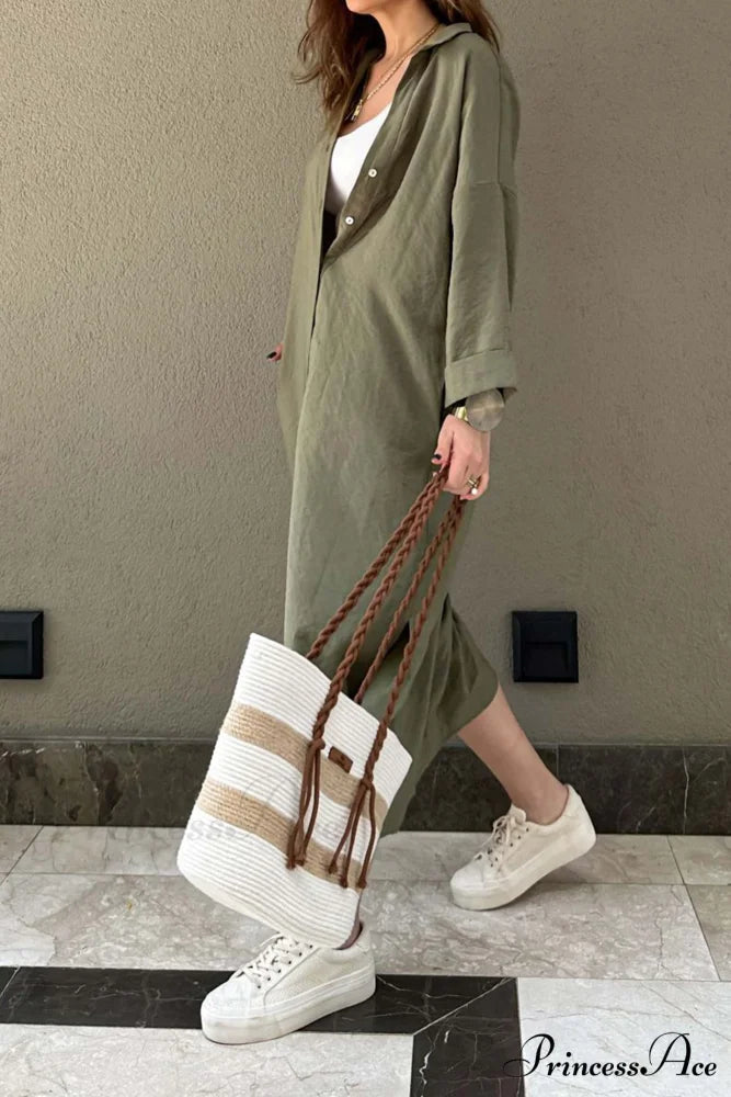 Single-breasted Slit Shirt Dress in Solid Color