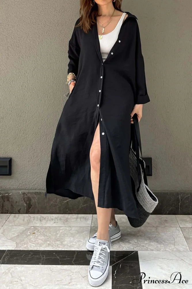 Single-breasted Slit Shirt Dress in Solid Color Black / L