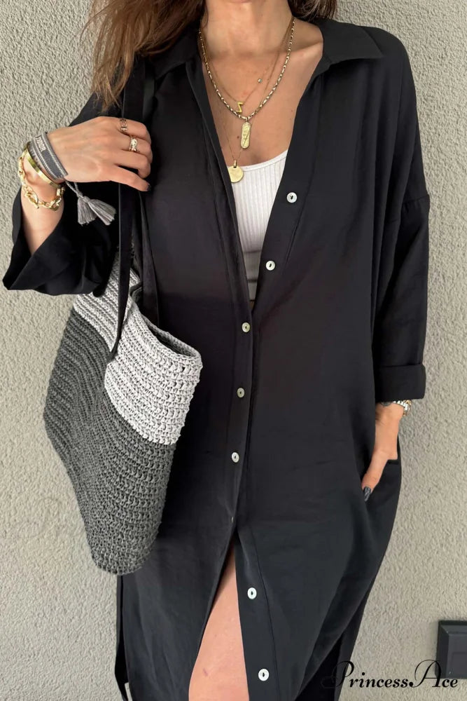 Single-breasted Slit Shirt Dress in Solid Color Black / M