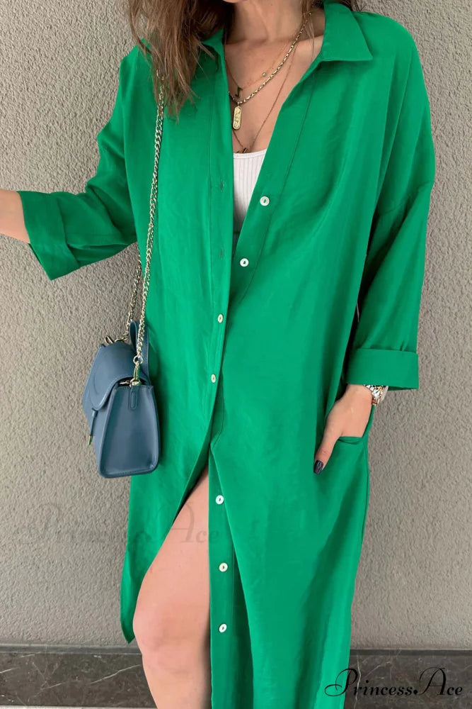 Single-breasted Slit Shirt Dress in Solid Color Green / L