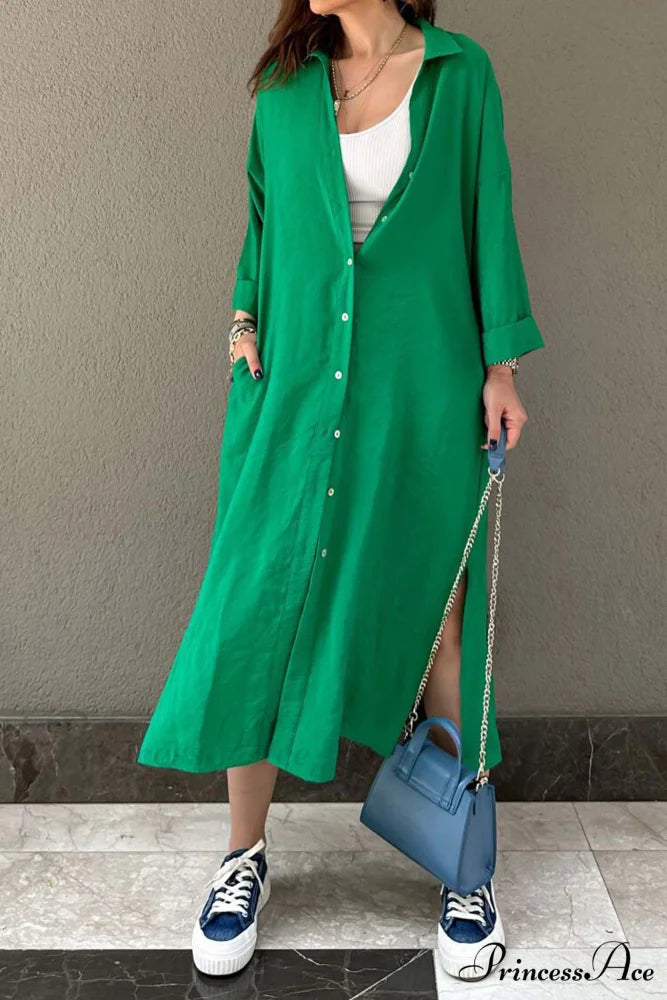 Single-breasted Slit Shirt Dress in Solid Color Green / M