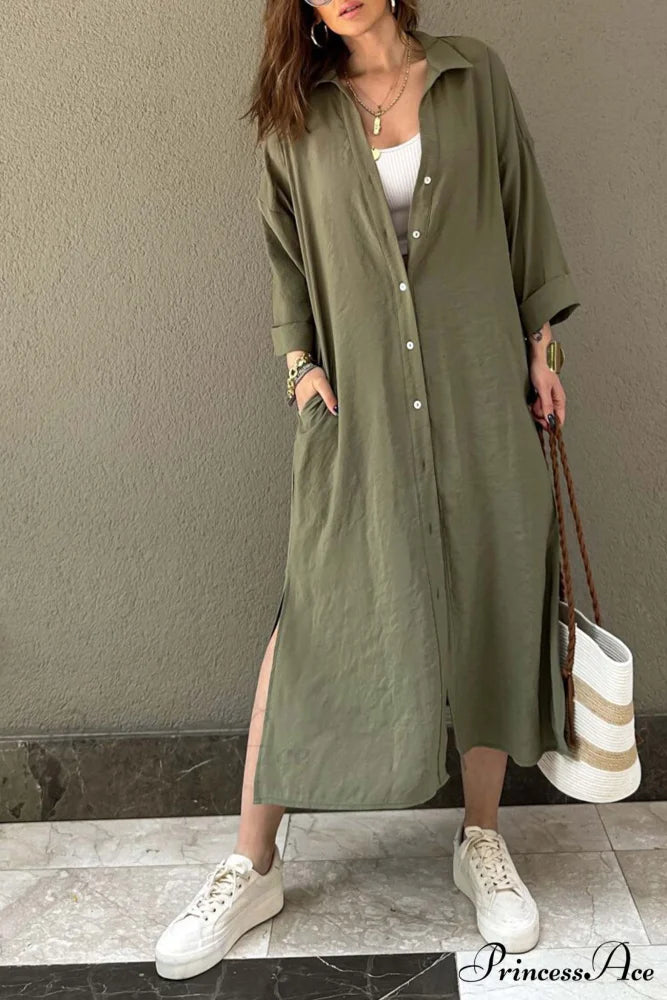 Single-breasted Slit Shirt Dress in Solid Color Khaki / M