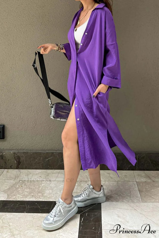 Single-breasted Slit Shirt Dress in Solid Color Purple / L
