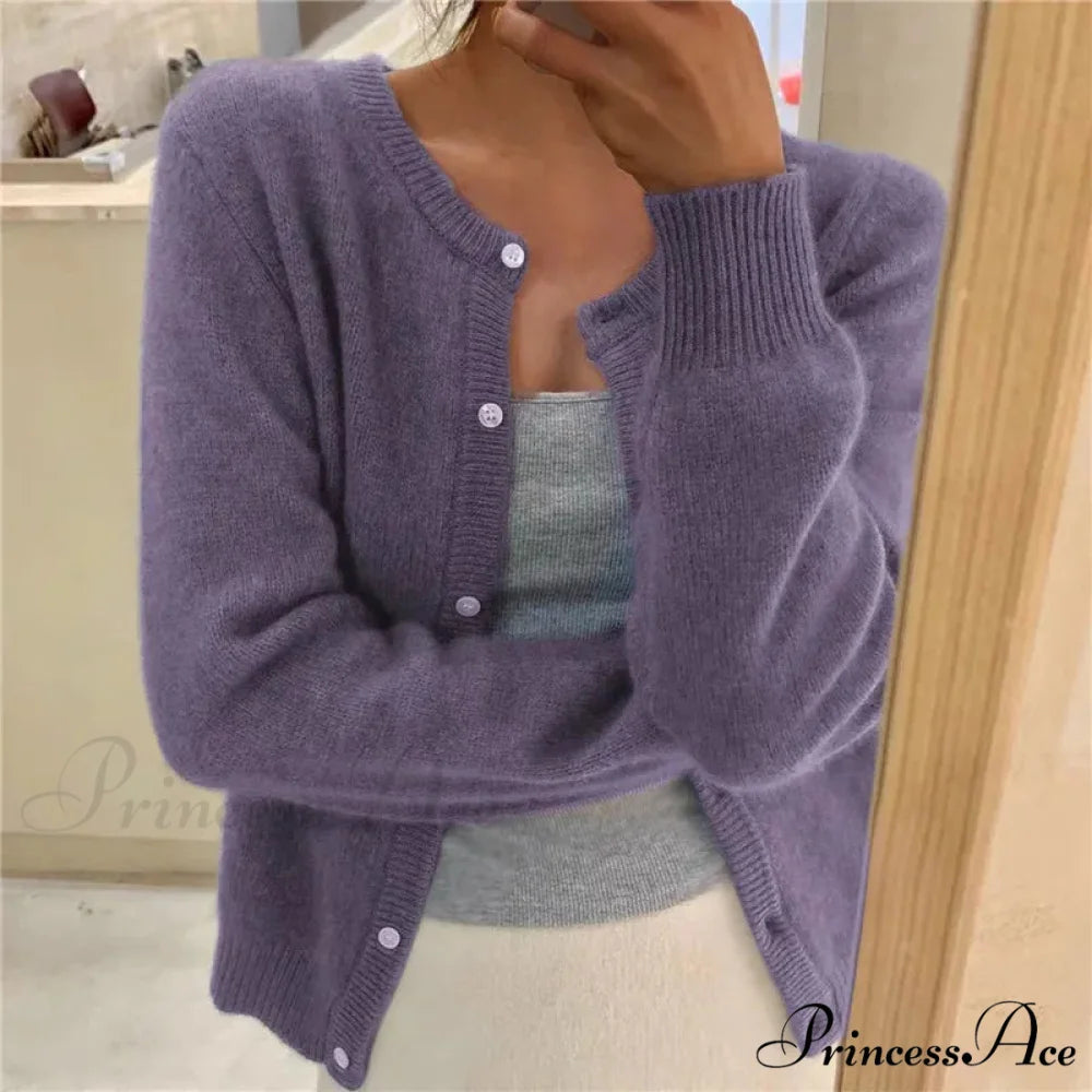 Single Breasted Solid Round Neck Knitted Cardigan Modified Title: One Buttoned Plain Circular Neck Knitted Cardigan